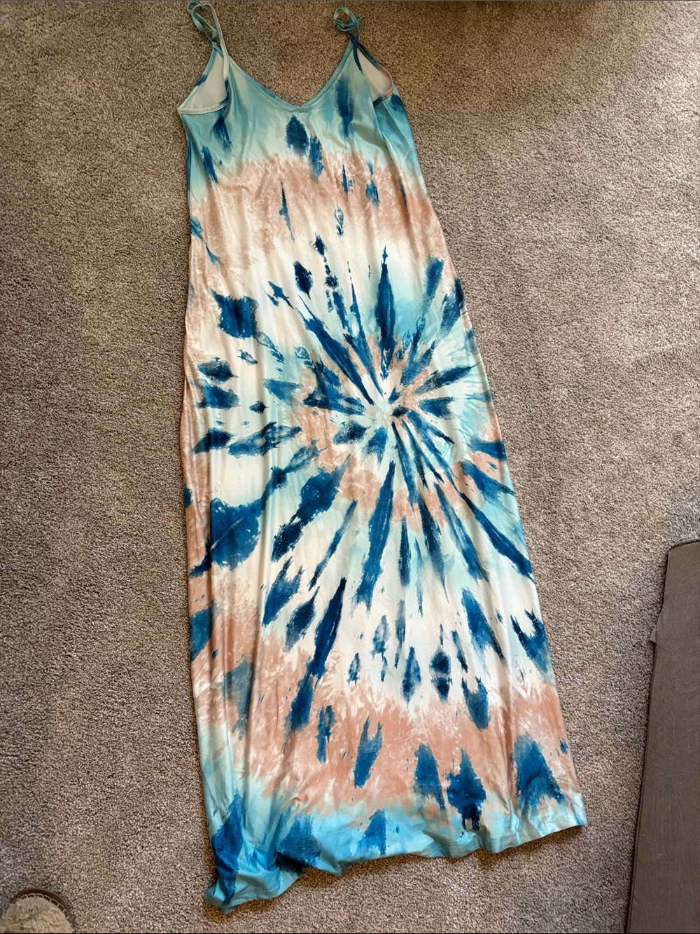 Tie-Dye Maxi Slip Dress in Teal, Tan & White
